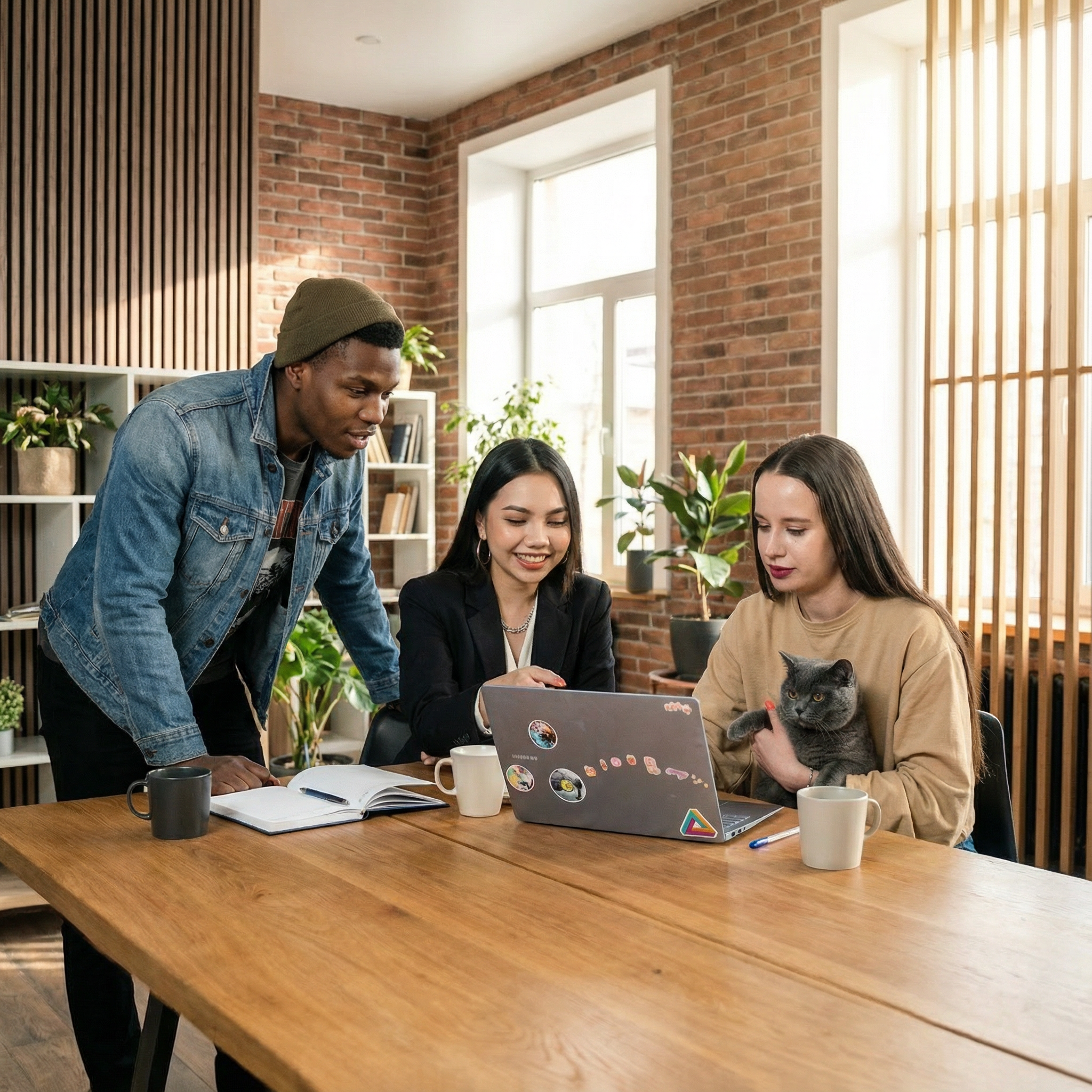 Group of three professionals collaborating at a wooden table, reviewing content on a laptop with stickers, while a cat sits on one woman's lap, in a modern office setting with plants and brick walls.