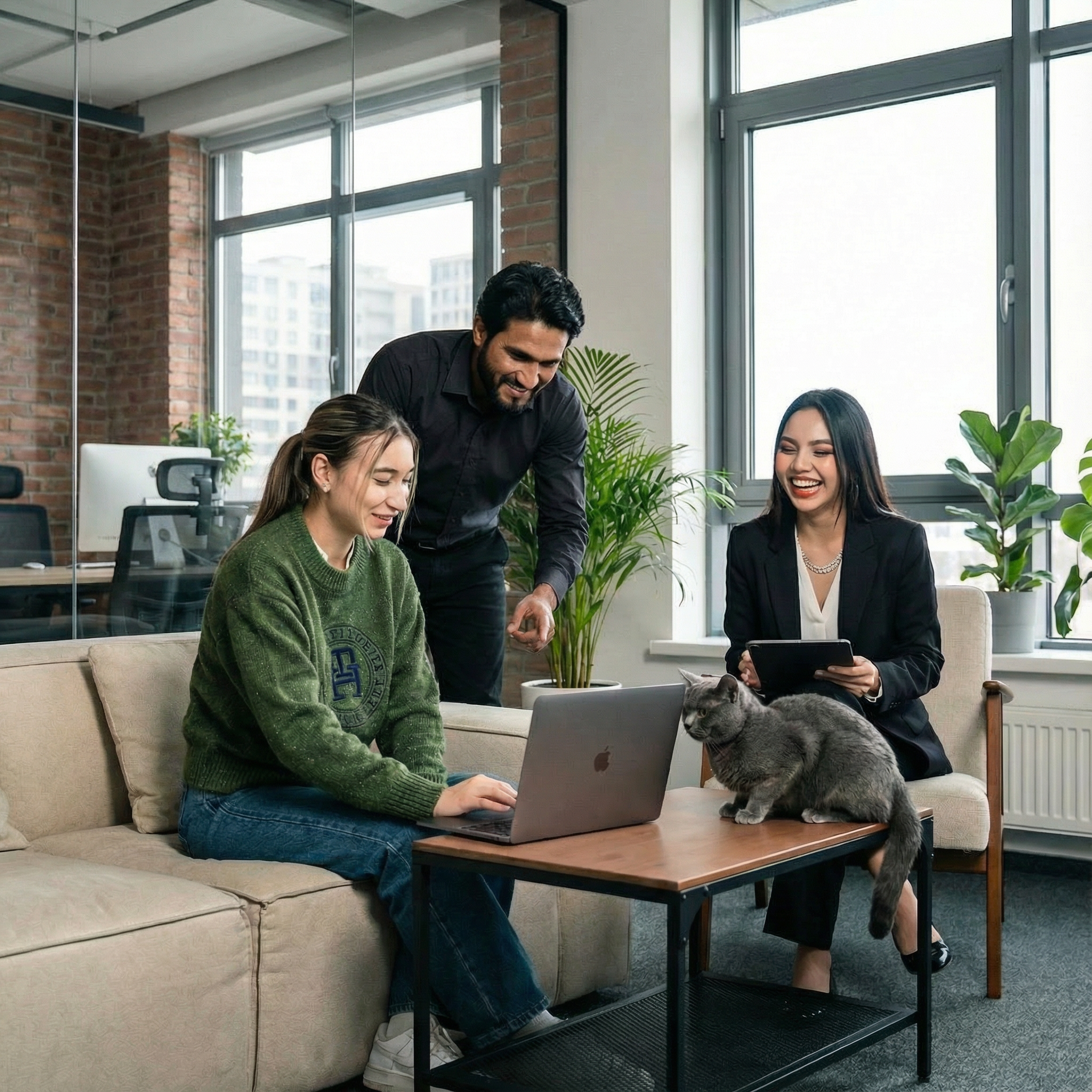 Team collaborating in a modern office, reviewing marketing strategies on a laptop, with a gray cat on the table, emphasizing adaptability and teamwork in business growth.