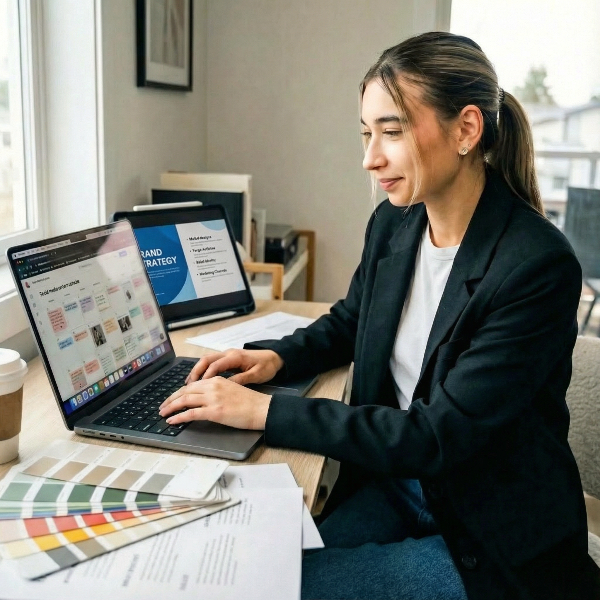 Person working on a laptop with brand strategy concepts, surrounded by color palettes and marketing materials, in a professional setting.