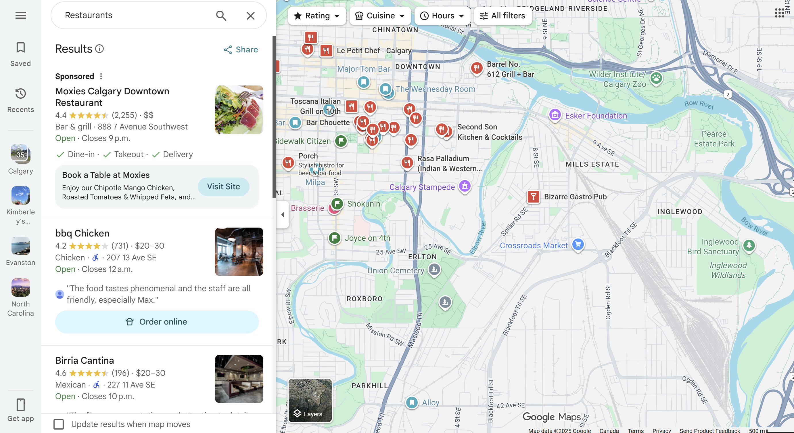 Map showing Google search results for restaurants in Calgary, featuring listings, ratings, and location markers for local dining options.