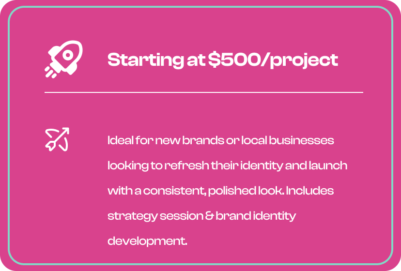 Pricing card for branding services, featuring a rocket icon, text stating "Starting at $500/project," and a description emphasizing brand identity development and strategy sessions for new brands or local businesses.