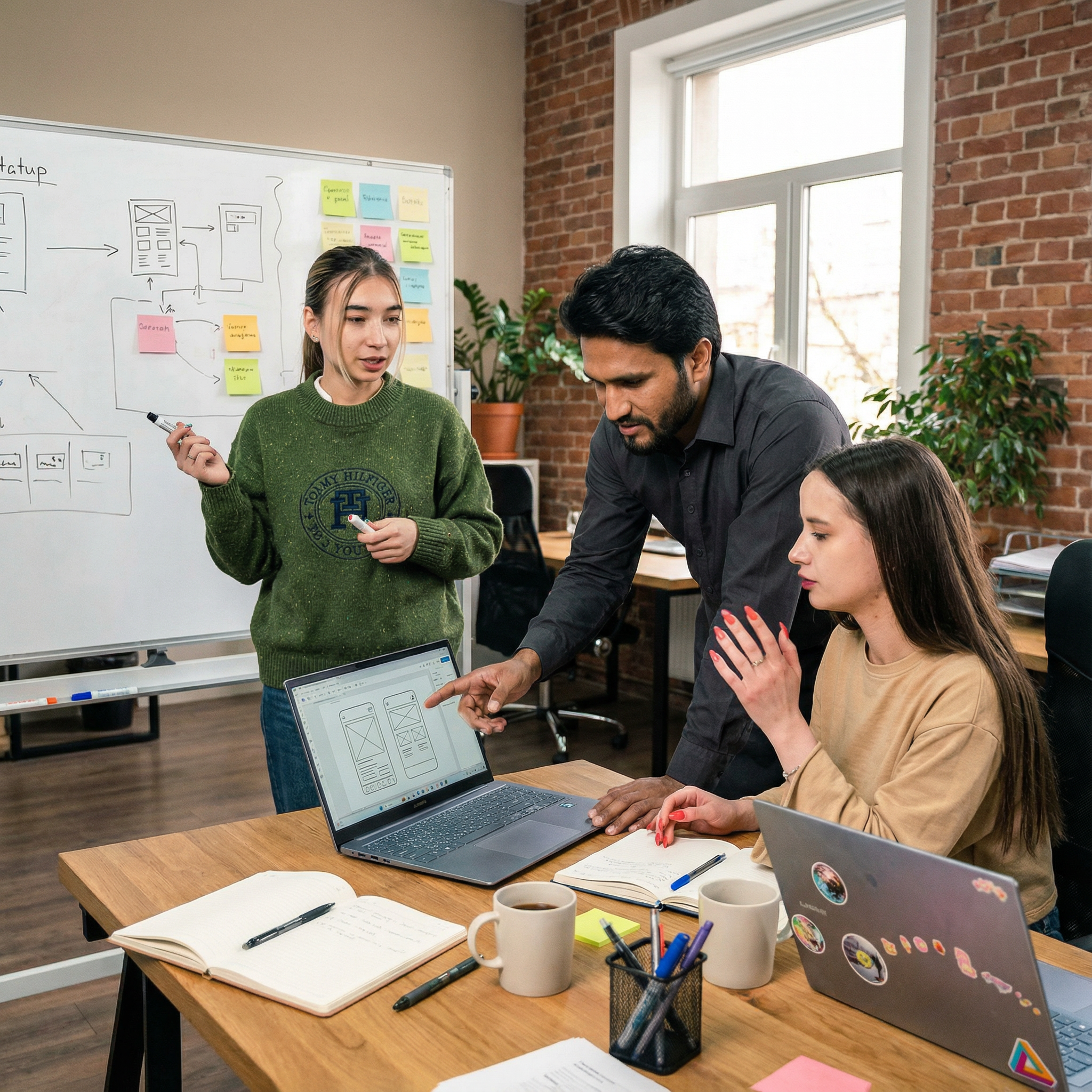 Team collaborating on marketing strategy, discussing wireframes on laptop, brainstorming ideas with sticky notes in background, emphasizing teamwork and strategic planning.