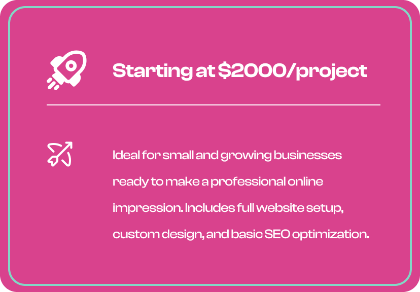 Package card highlighting website design services starting at $2000/project, tailored for small and growing businesses, emphasizing professional online impression, full website setup, custom design, and basic SEO optimization.