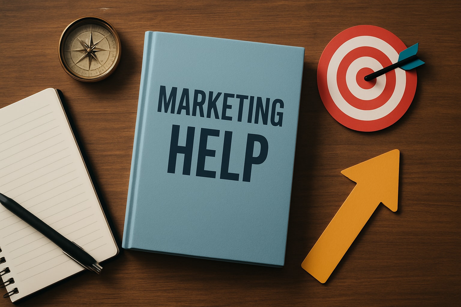 Marketing help book on wooden desk with compass, notepad, target, and upward arrow, symbolizing strategies for business growth in 2026.