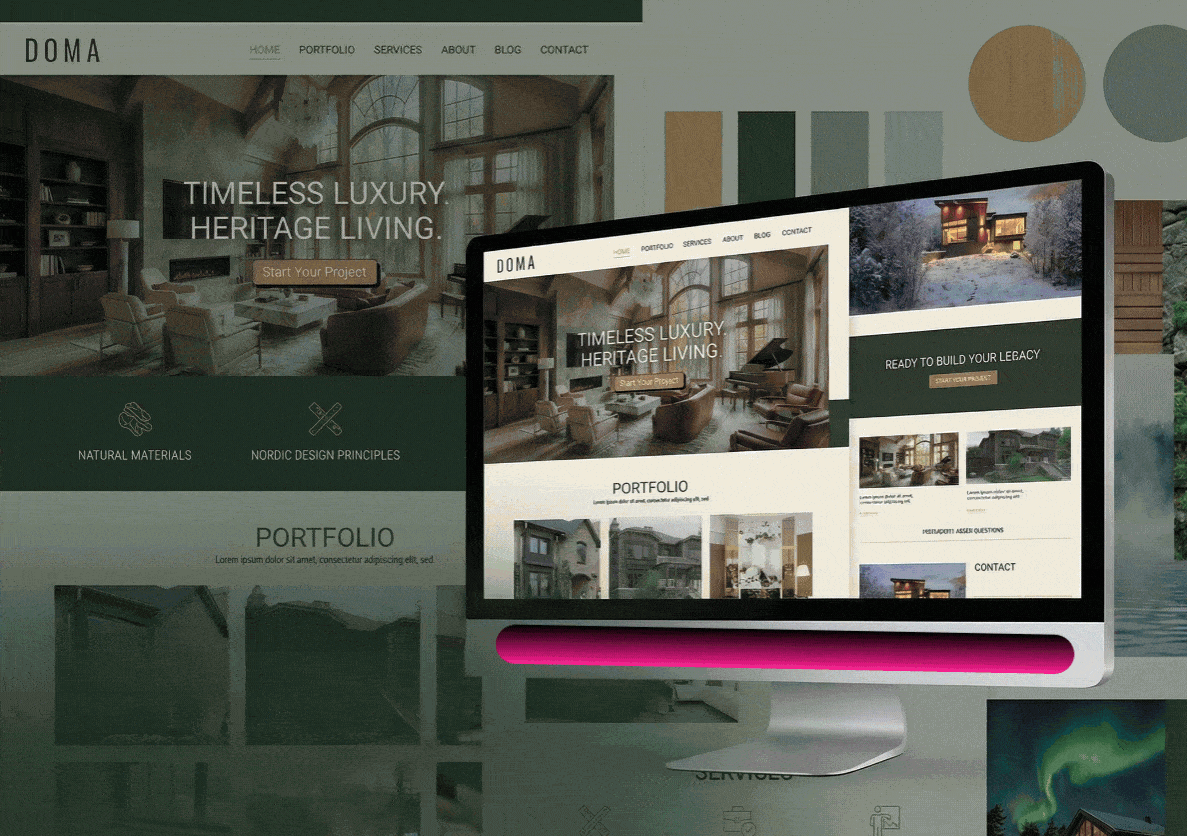 Animated display of a digital marketing agency's website featuring a modern design with text highlighting "Timeless Luxury, Heritage Living," showcasing portfolio, services, and a call to action to start a project, emphasizing creativity and local branding strategies.