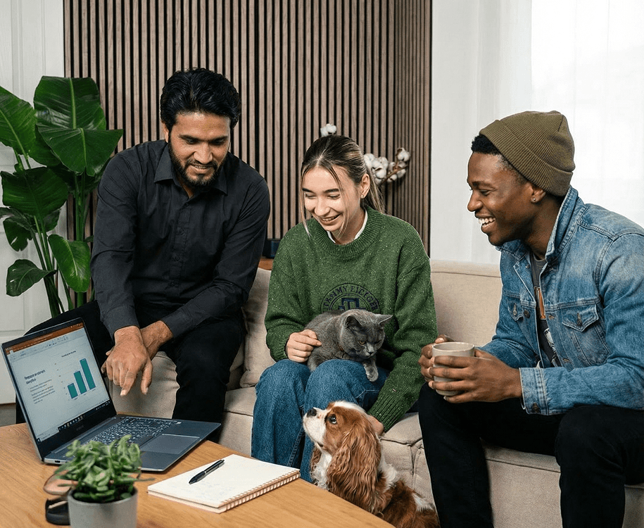 Group discussing Google Ads strategies, analyzing performance data on laptop, with pets present, in a cozy home setting.